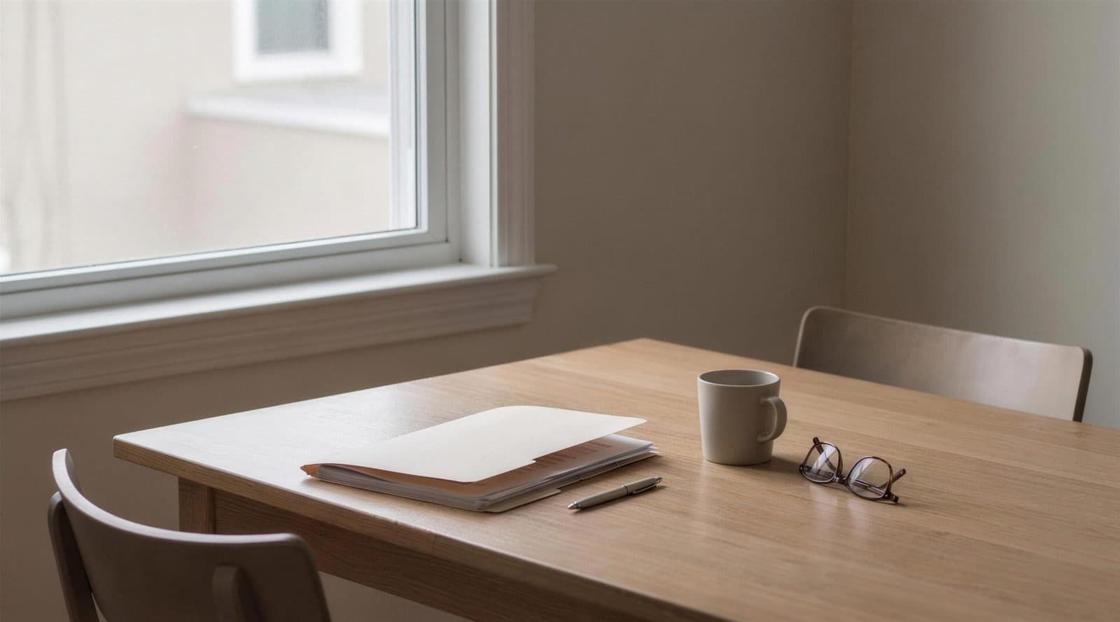 Empty dining table with a folder and glasses