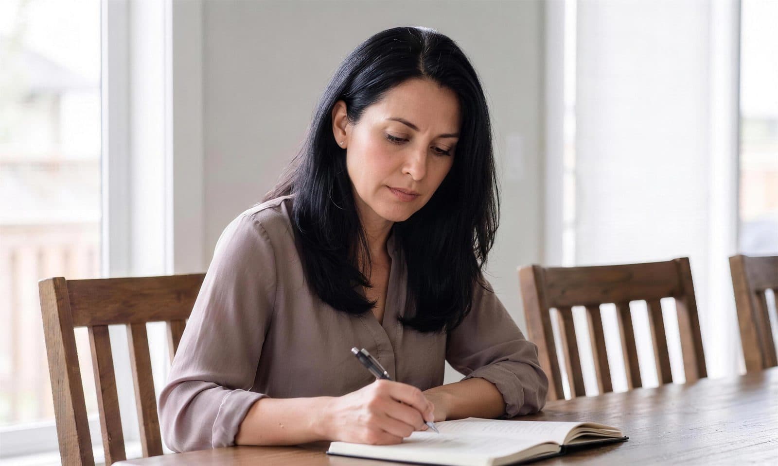 Woman writing notes at a dining table