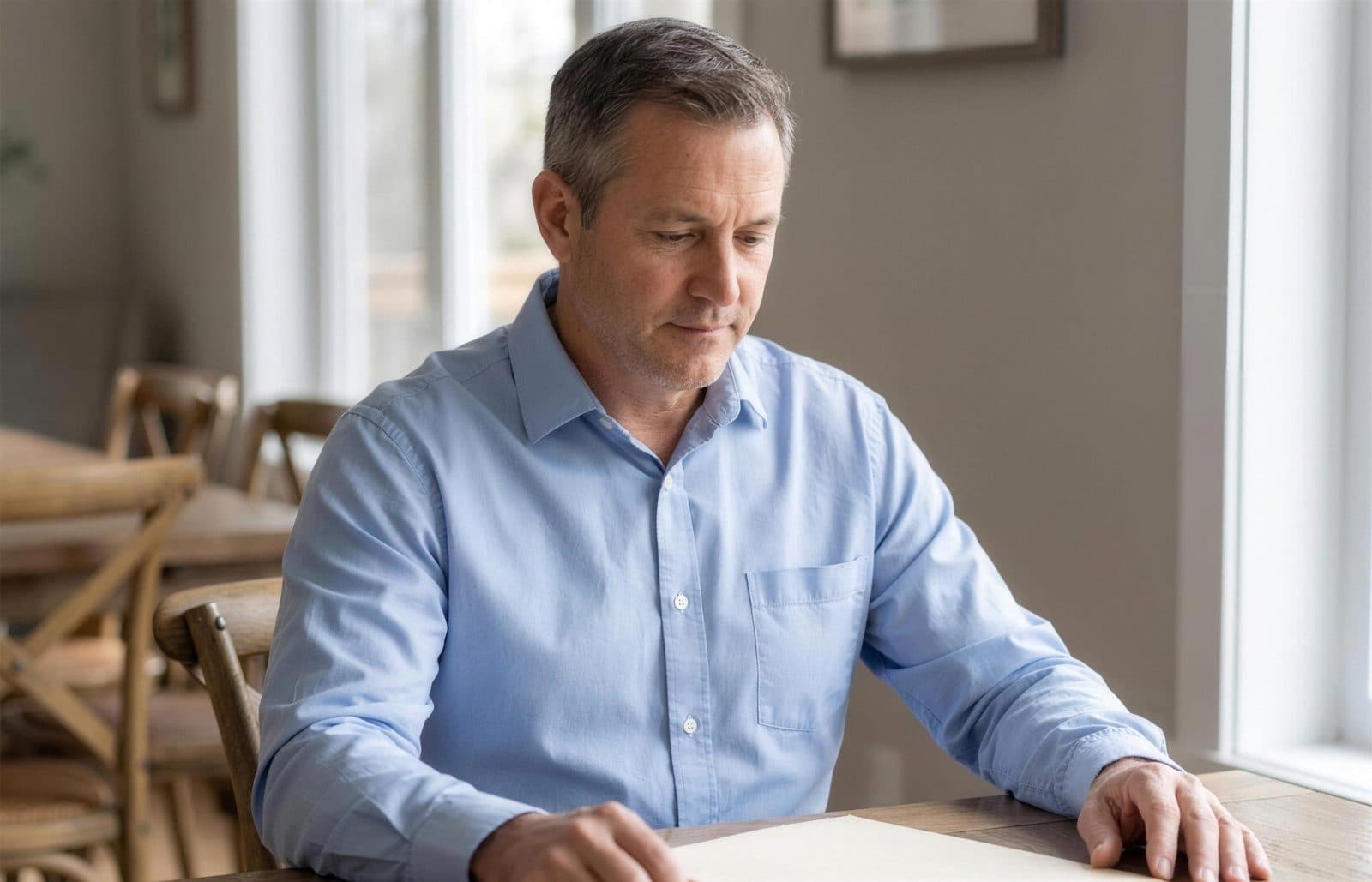 Man reading through a folder at a dining table