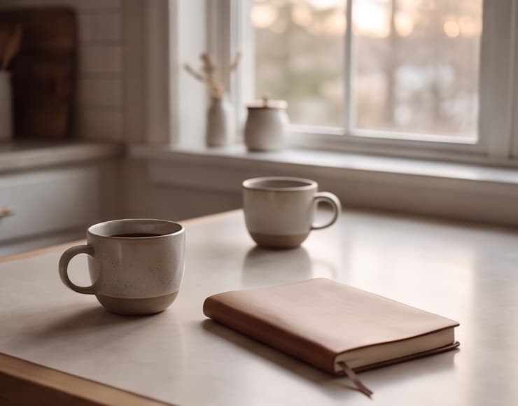 Two coffee cups and a notebook on a kitchen counter